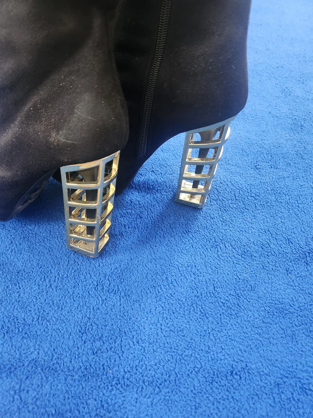 JustFab Black Over-the-Knee Suede Boots with Gold Cage Block Heel Size 9